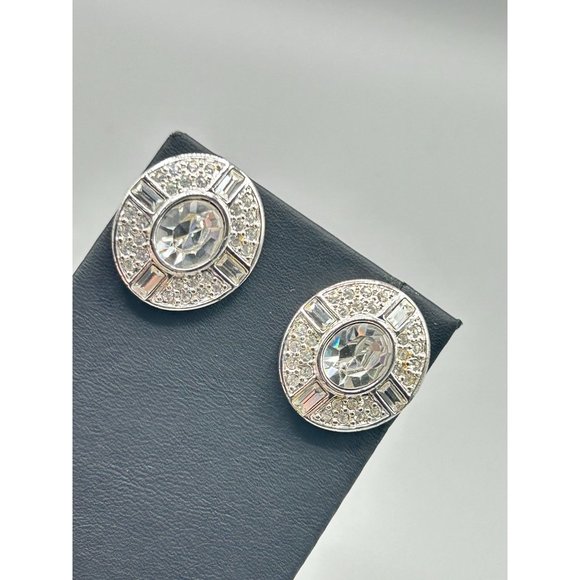 Signed NAPIER Vintage Pierced Studs Earrings Silver Tone and Clear Rhinestones - Picture 4 of 6